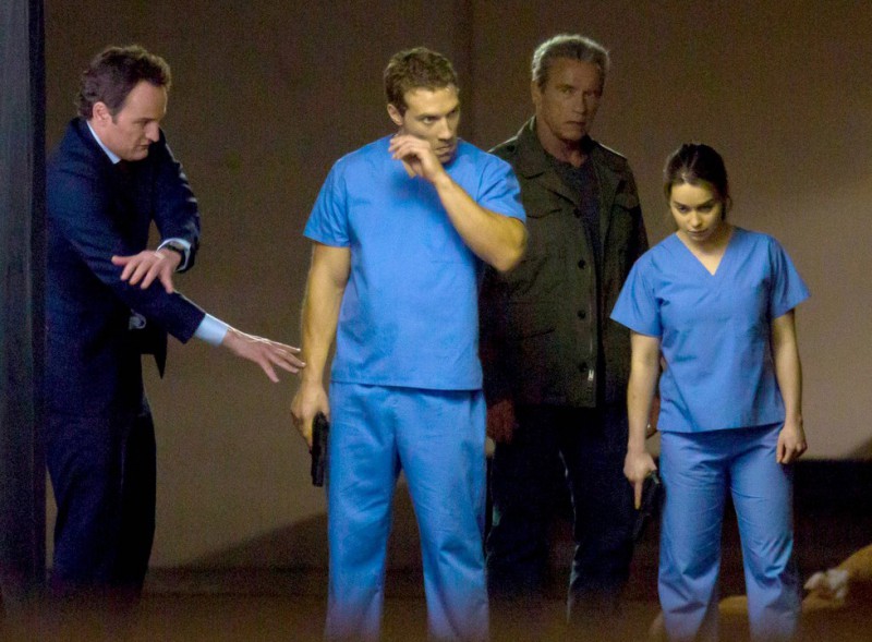 Emilia Clarke, Jai Courtney, Arnold Schwarzenegger, Jason Clarke při natáčení filmu Terminátor Genisys / Terminator Genisys