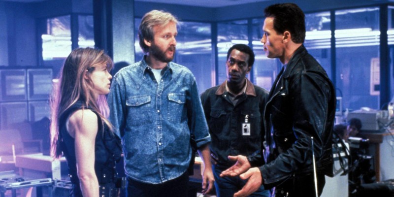 James Cameron, Arnold Schwarzenegger, Linda Hamilton, Joe Morton při natáčení filmu Terminátor 2: Den zúčtování / Terminator 2: Judgment Day
