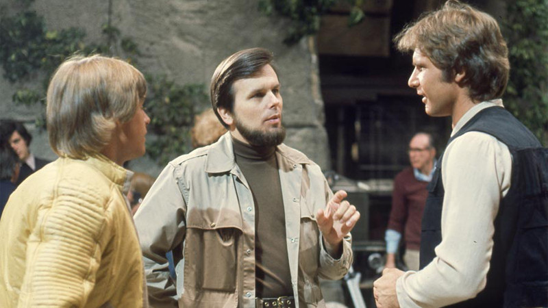 Mark Hamill, Harrison Ford, Gary Kurtz při natáčení filmu Star Wars: Epizoda IV - Nová naděje / Star Wars